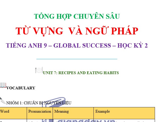 TỔNG HỢP CHUYÊN SÂU TỪ VỰNG VÀ NGỮ PHÁP TA9 HK2